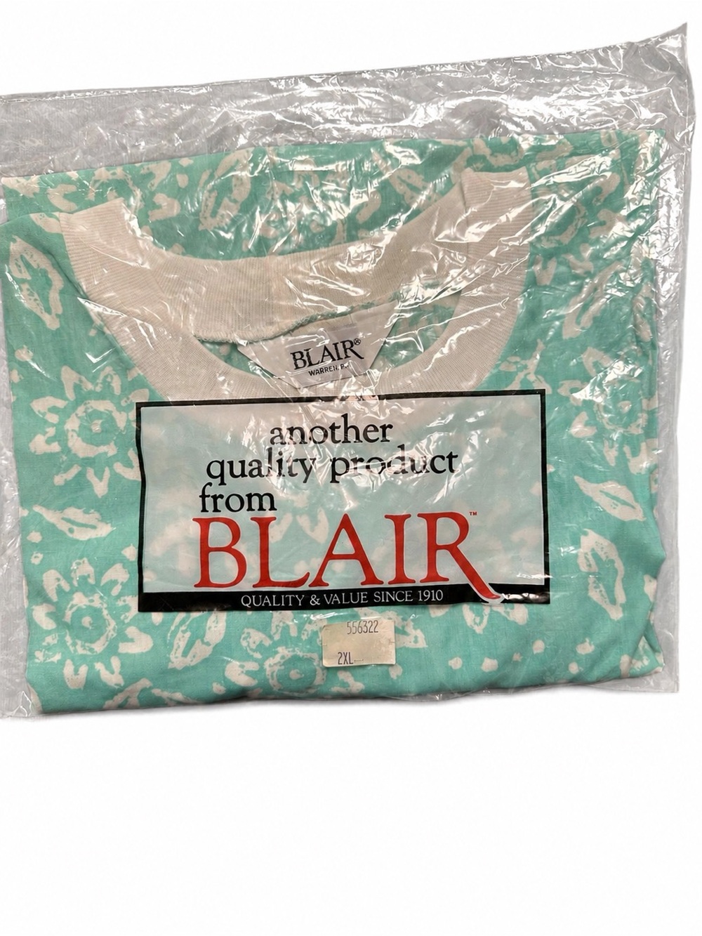 Vintage Blair Women’s 2XL Aqua White Floral Crewneck Shirt Top New Sealed NOS
